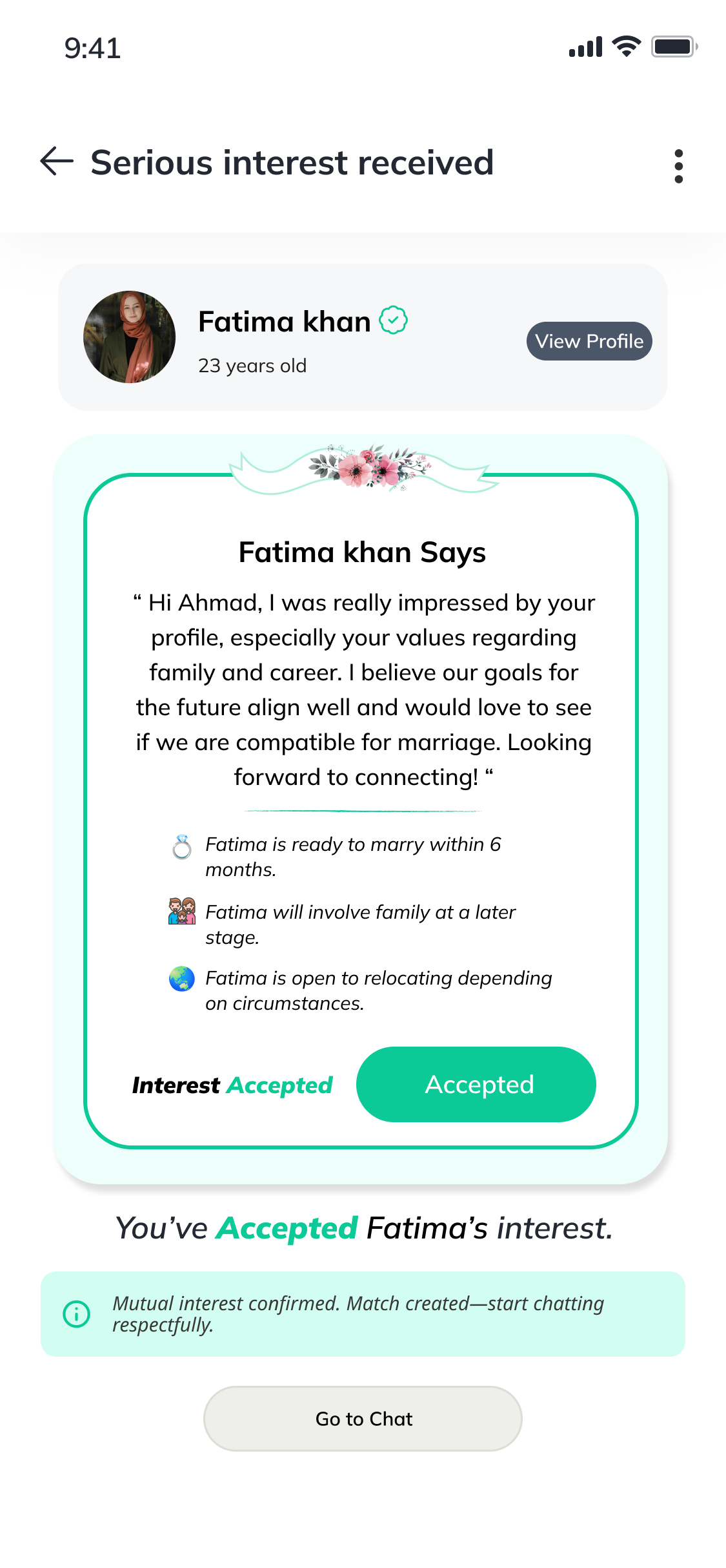 Serious Interest accepted — match created